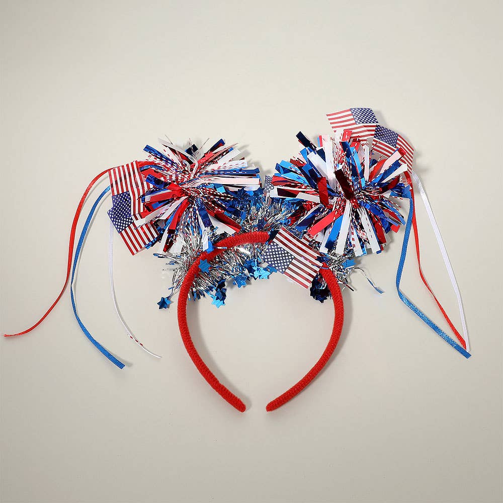 American USA Flag Patriotic Bow Tinsel Pom Headband