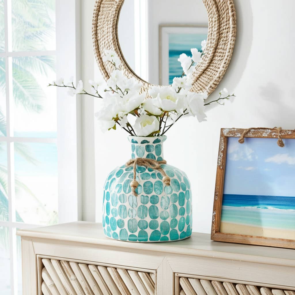 Glass Mosaic Textured Round Accents Vase - Blue, 6 in.