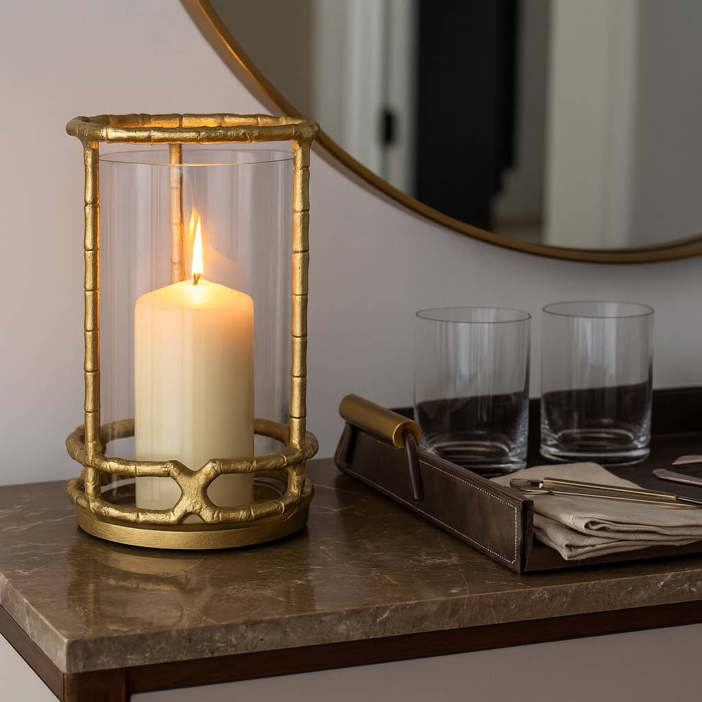 Hurricane Candle Holder - Gold Metal Cylinder Modern, 9 in.