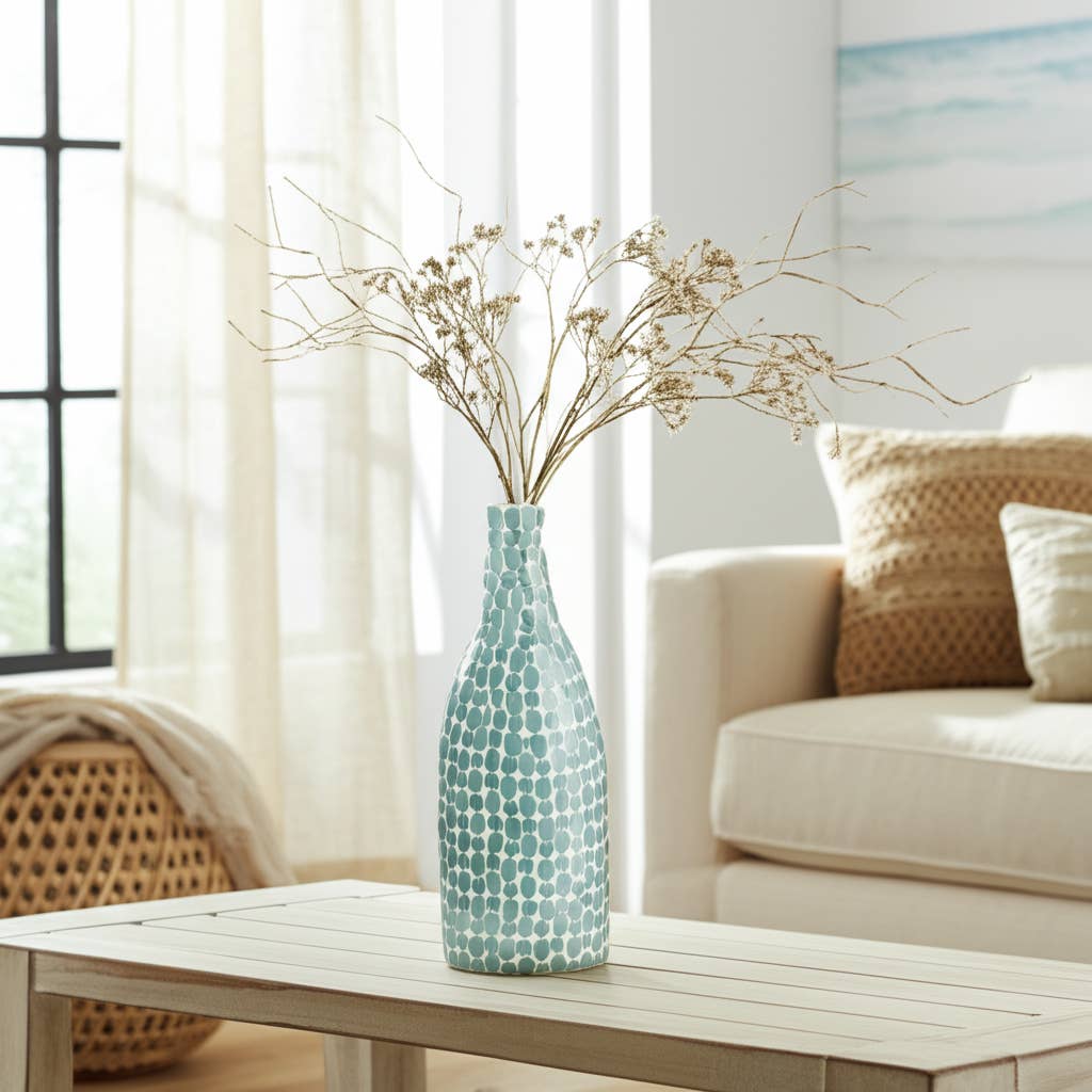 Glass Mosaic Pattern Narrow Neck Vase - Blue, 15 in.