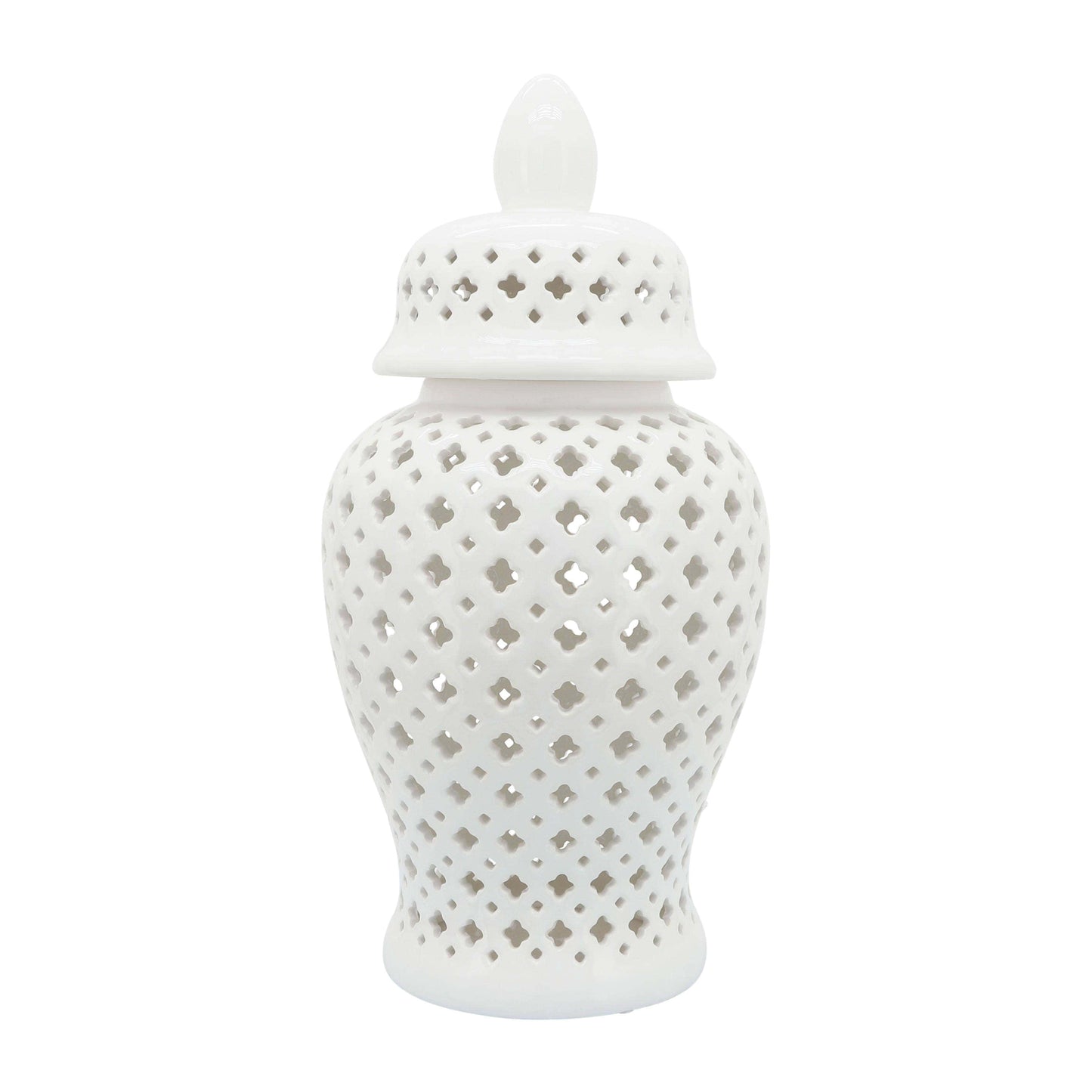 Decorative Temple Jar - White Ceramic Cut-out Clover, 24 in.