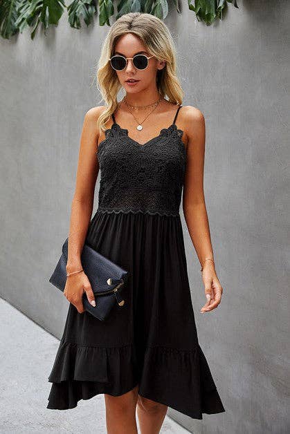 Spaghetti Strap Solid Ruffle Dress - With Lace Detailing