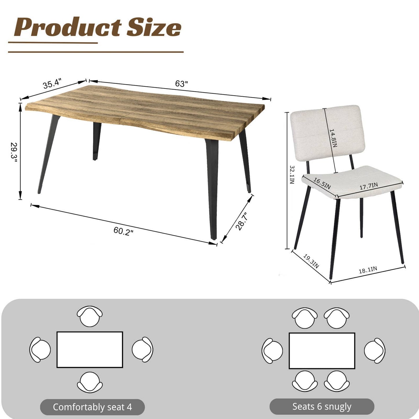 5-Piece Dining Set-63" Wave-Edge Wal Table and Chair Options
