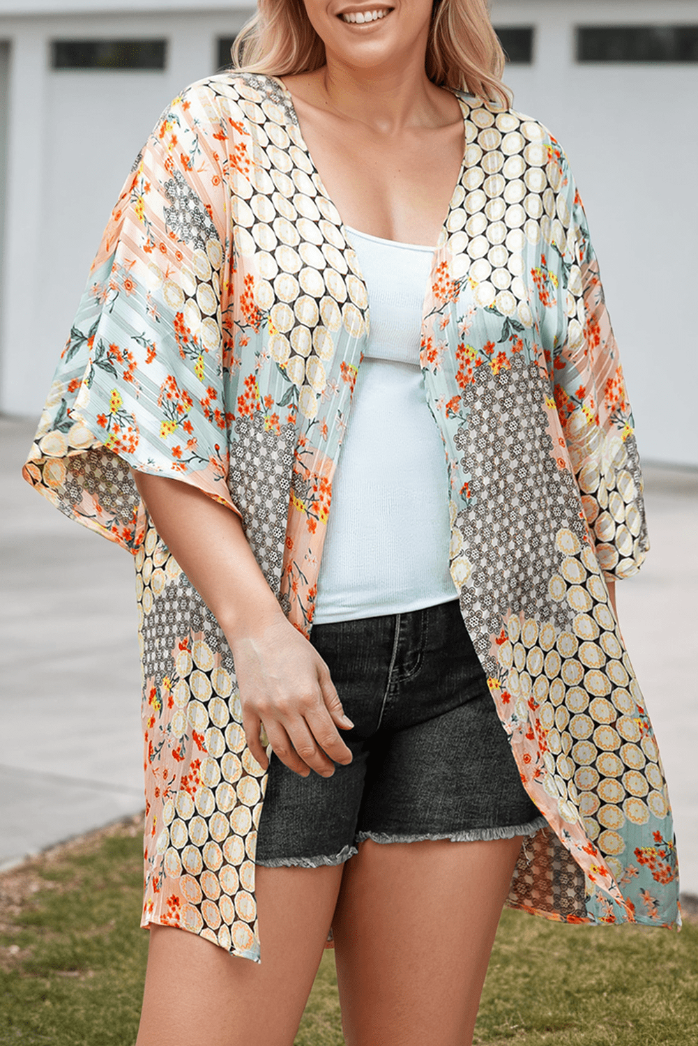 Plus Size Floral Mixed Print Open Front Kimono
