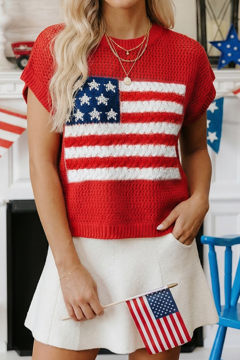 Spring Flag Graphic Short Sleeve Sweater Top (S-XL)
