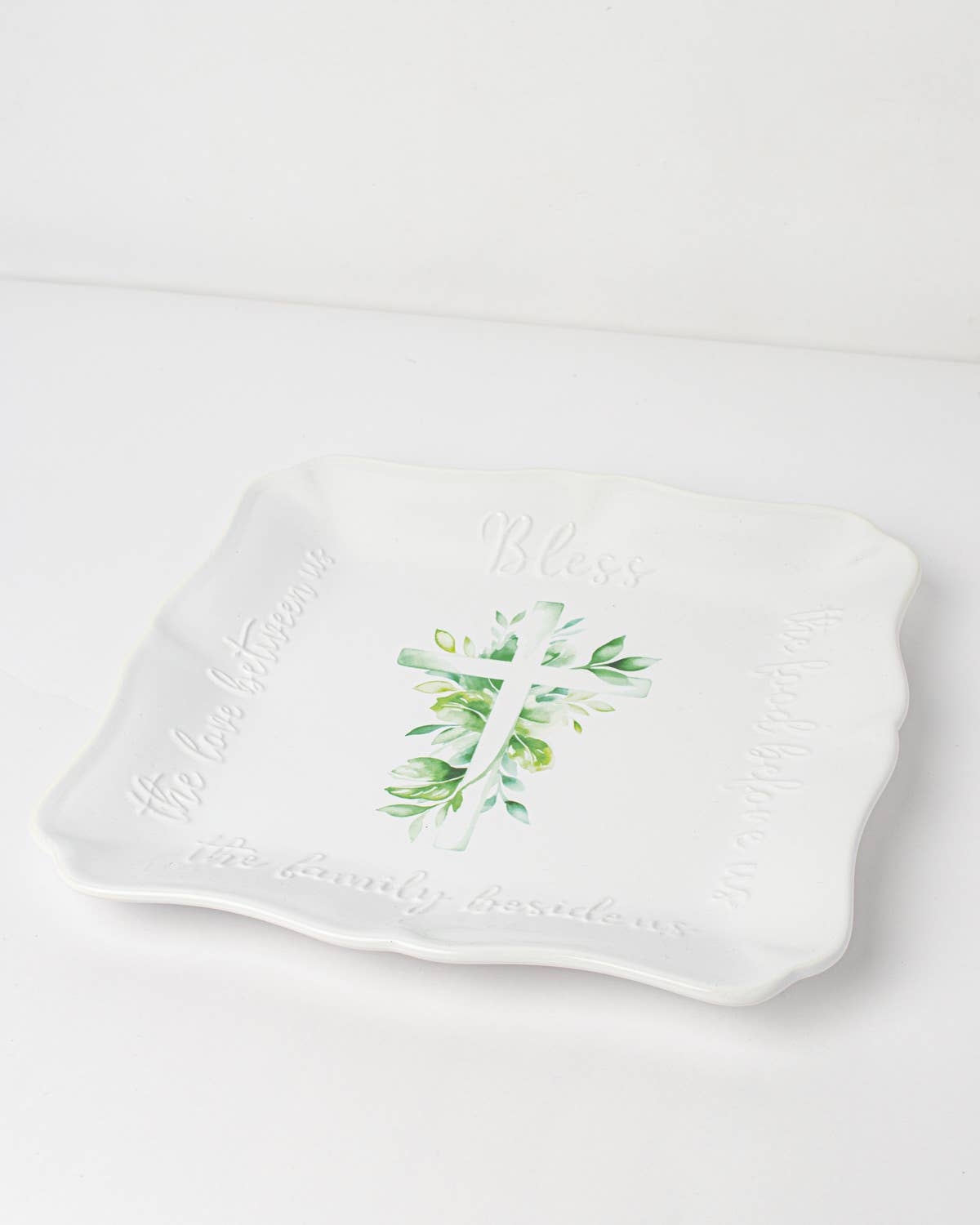 Bless the Food Cross Square Platter   White/Multi    11.5x11.5