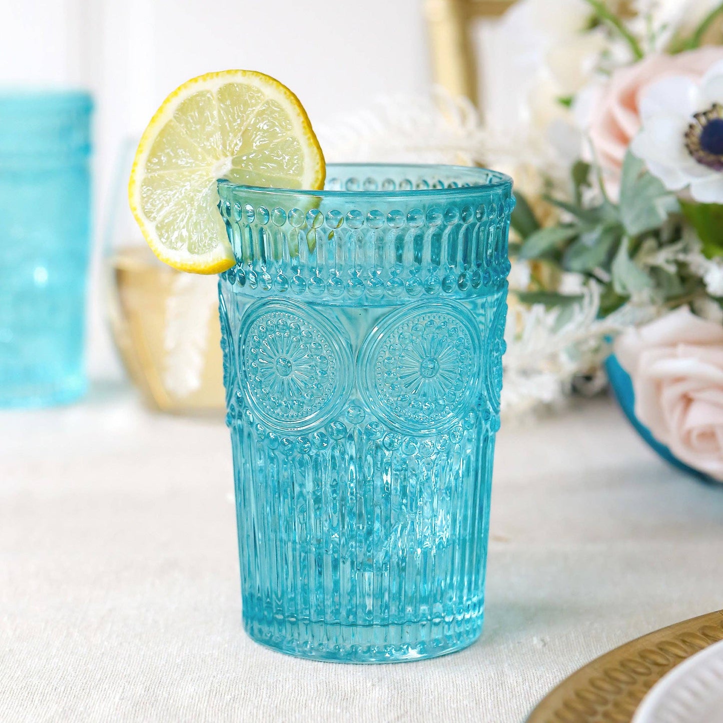 13 oz. Vintage Textured Aqua Blue Drinking Glasses (Set of 6