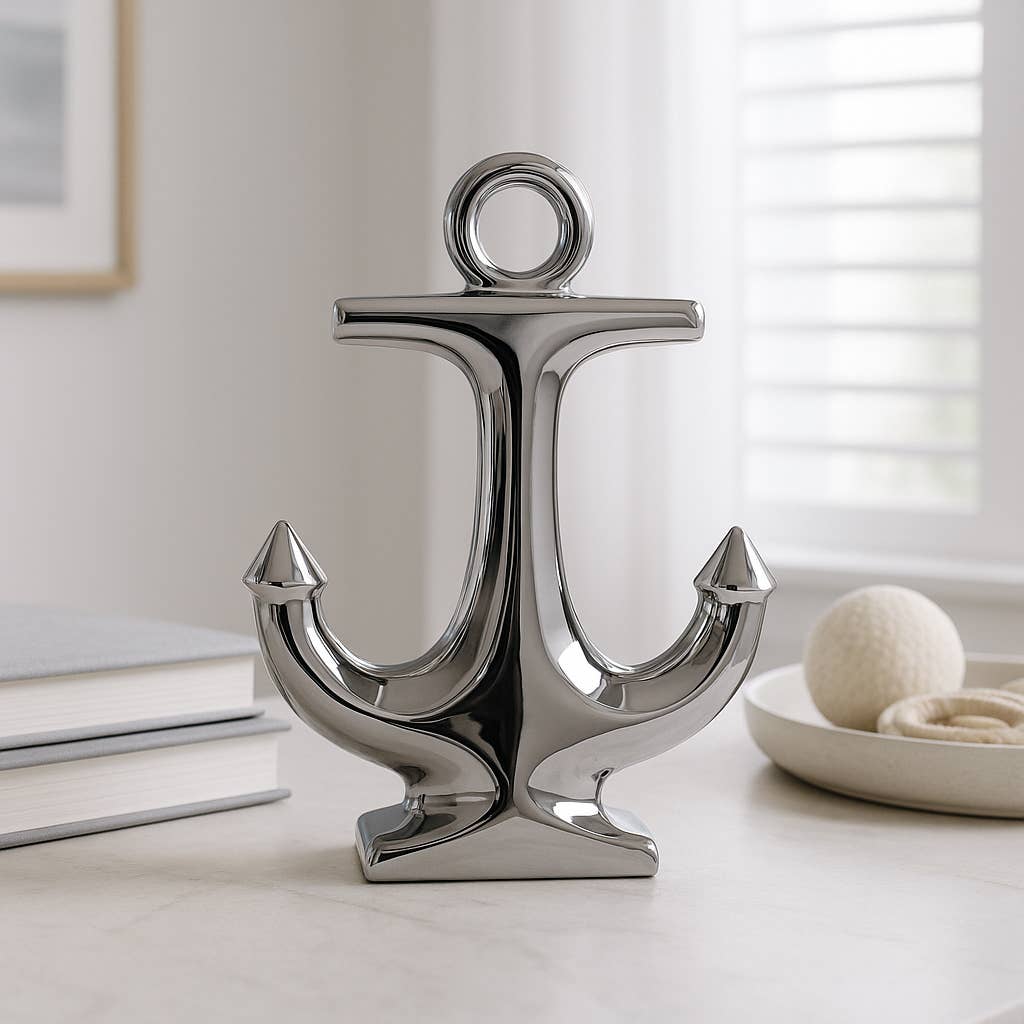 Silver 10 in. Ceramic Novelty Solid Coastal Anchor Sculpture