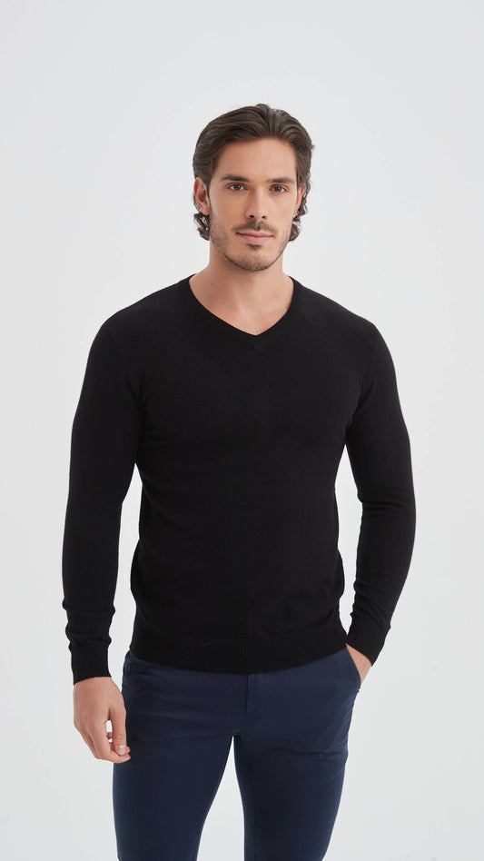 Black V-neck sweater