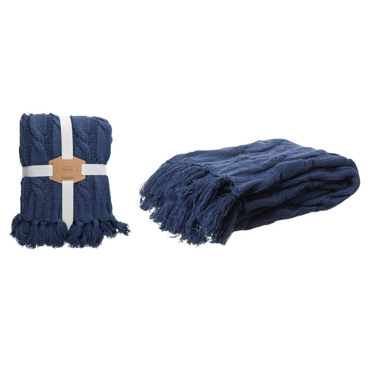 Midnight blue 60 in. Blue Knitted Throw  Tassels