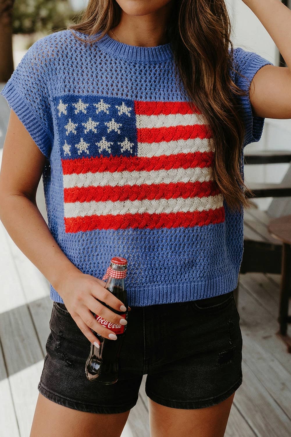 Spring Flag Graphic Short Sleeve Sweater Top (S-XL)