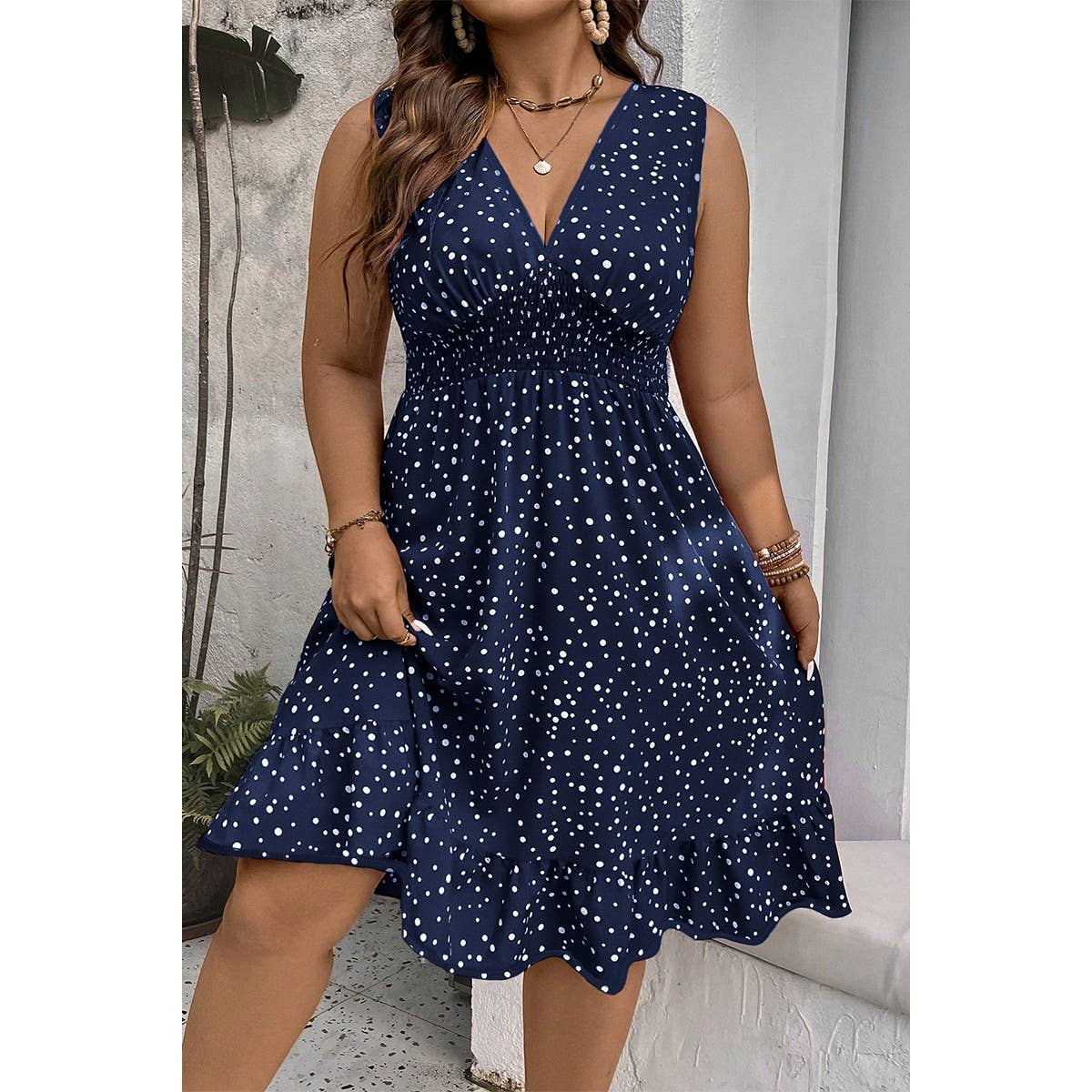 Plus Polka Dot Waist Shirred Sleeveless Fit Dress