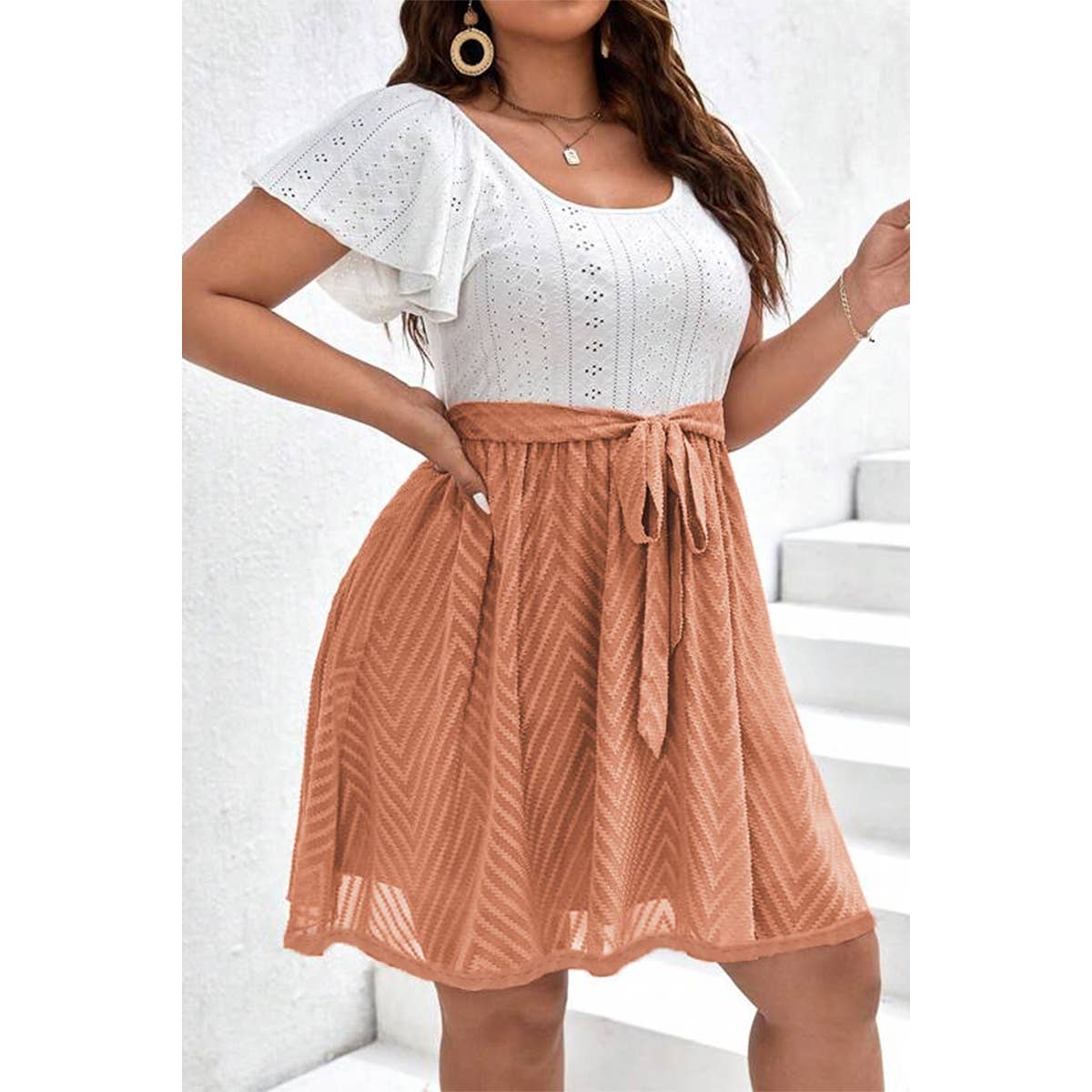 Square Neck Hollow Out Lined Lace Belt Short Dress