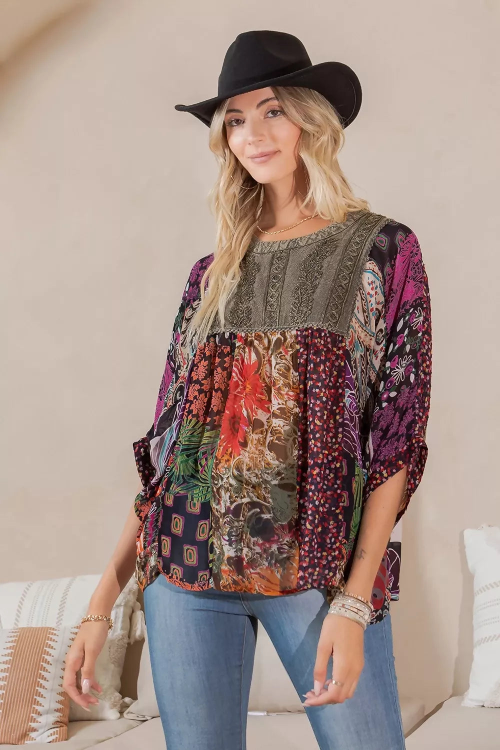 Tiered Patchwork Blouse Top