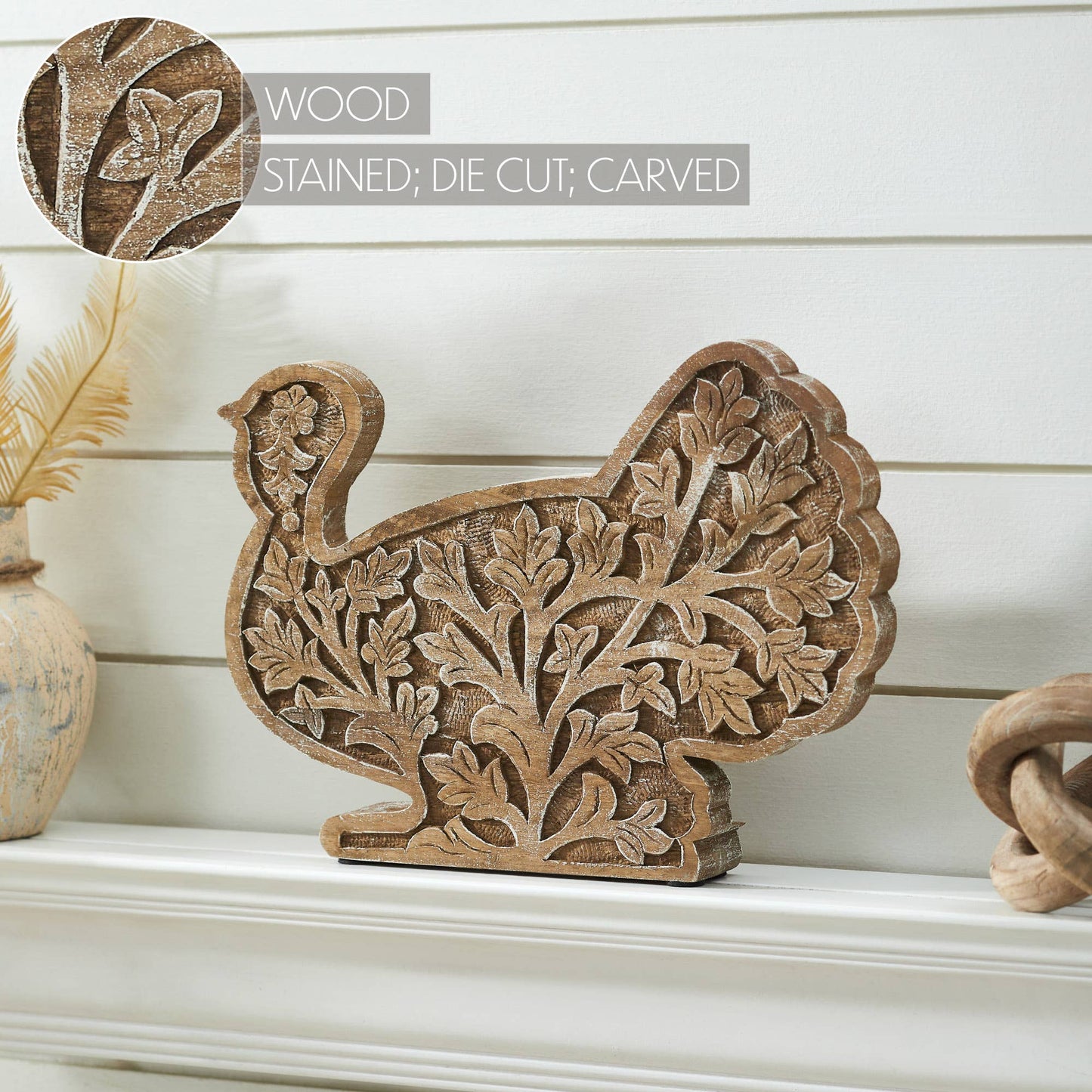 Wood Turkey Figurine, Fall Leaf Tabletop Decor, Thanksgiving Accent, 10x14x2