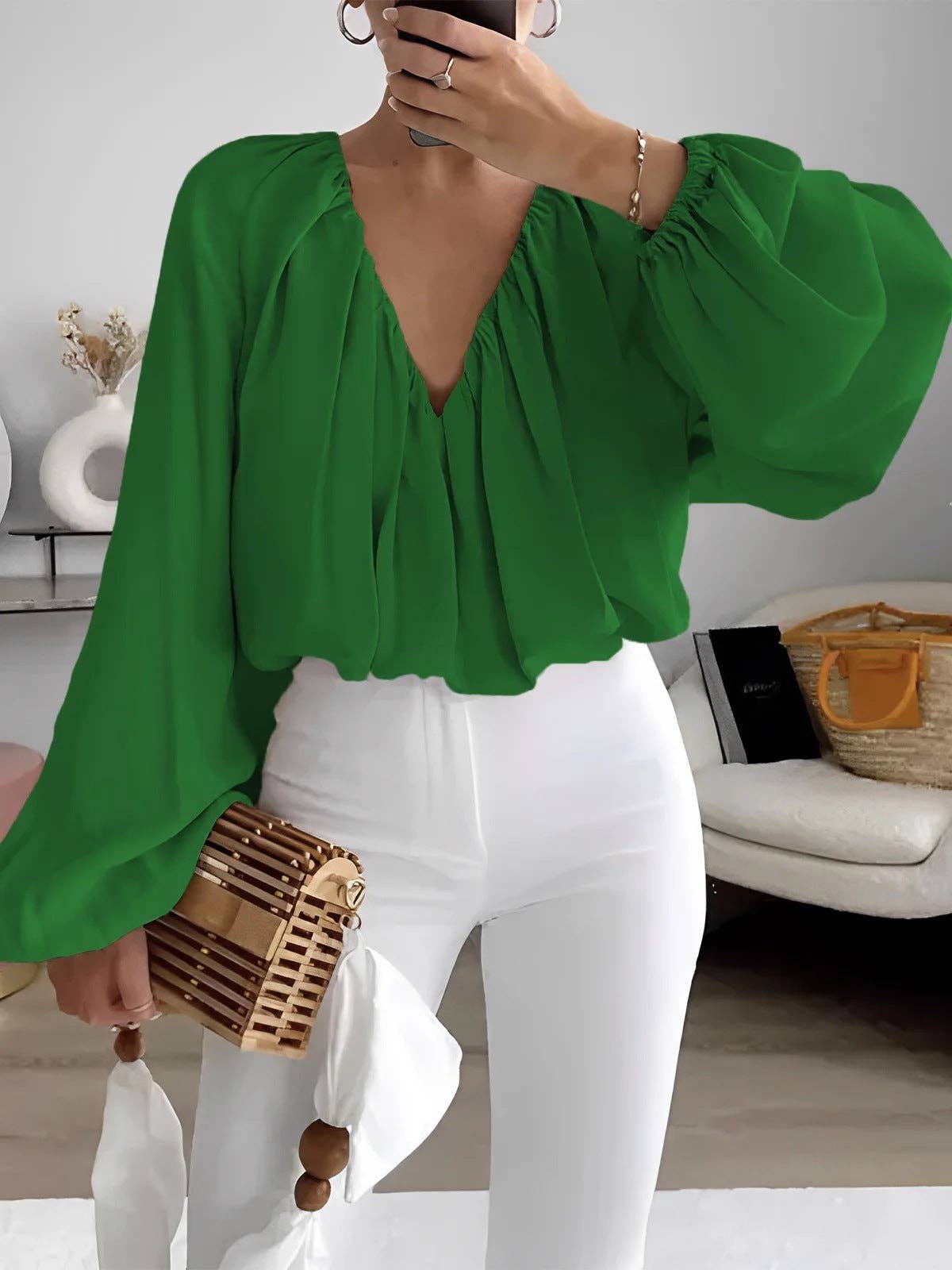 Printed V-Neck Long Sleeve Shirt Elegant Women's Loose Solid