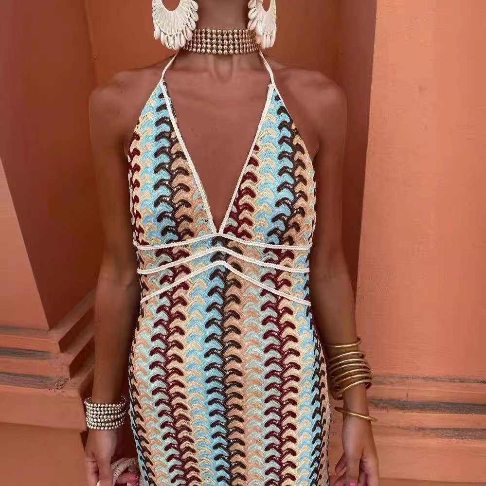 Summer Crocheted Colour-Blocked V-Neck Slip Dress
