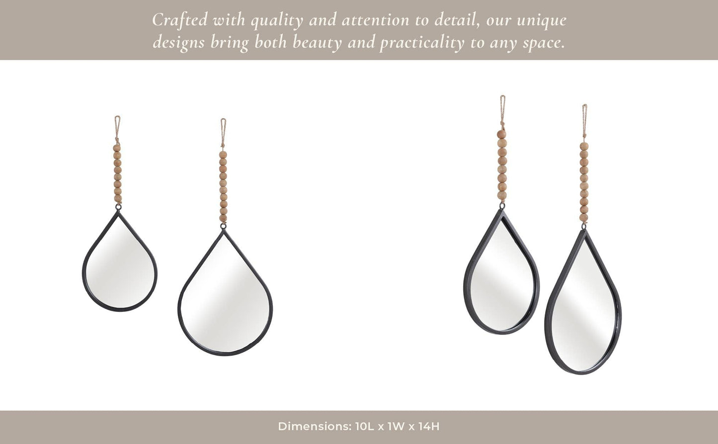Wall Mirror Set of 2 - Silver Metal Wood Teardrop, 11/14 in.