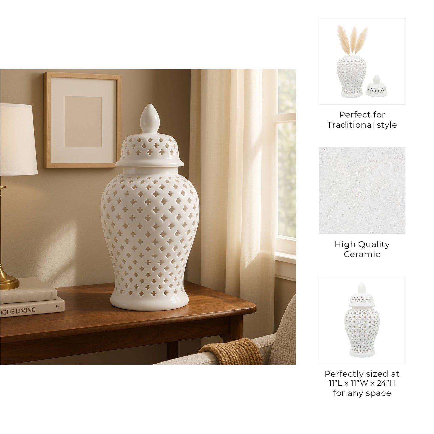 Decorative Temple Jar - White Ceramic Cut-out Clover, 24 in.