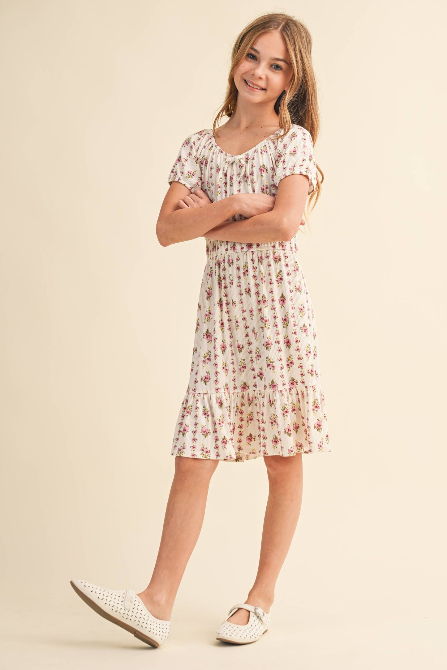 TWEEN KIDS GIRLS PUFF SLV SMOCK WAIST TIERED DRESS (7-12)