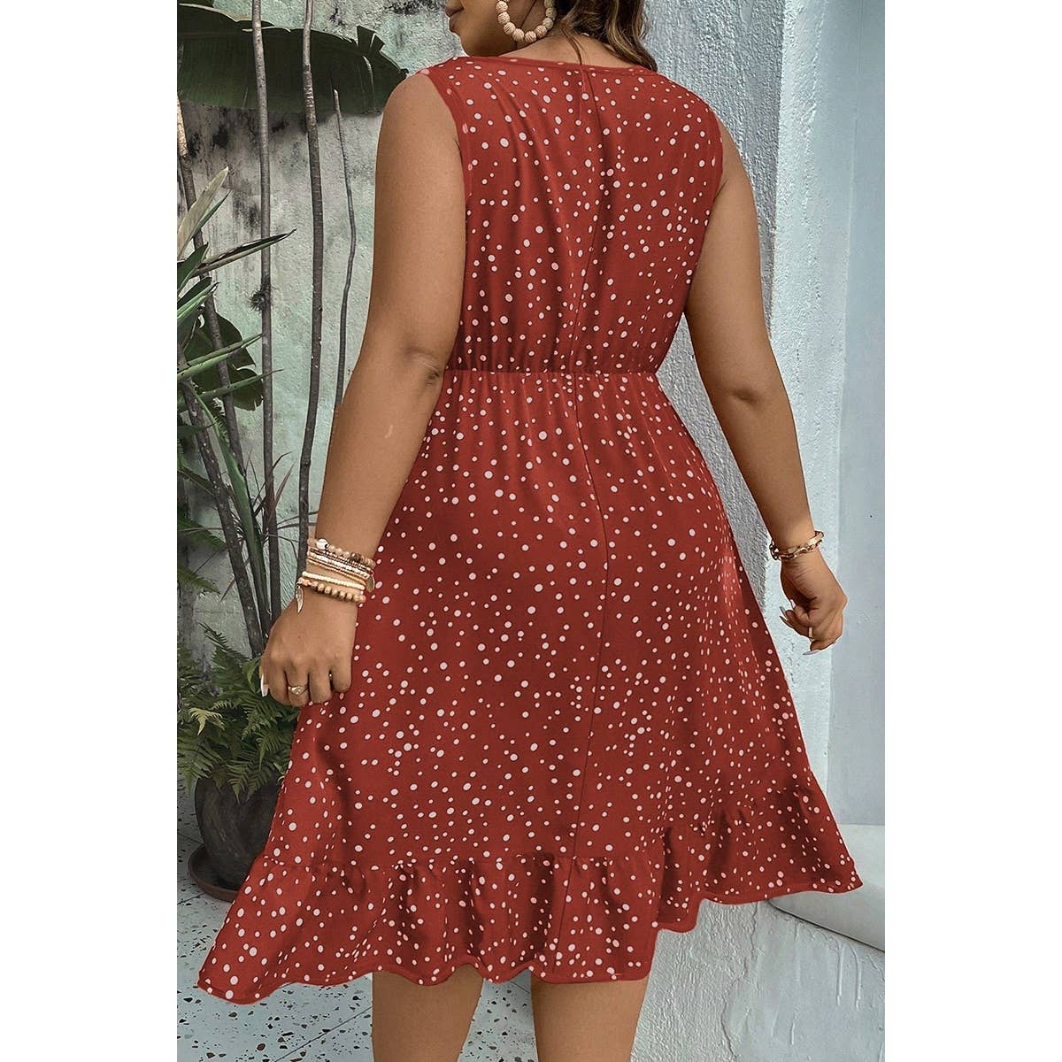 Plus Polka Dot Waist Shirred Sleeveless Fit Dress