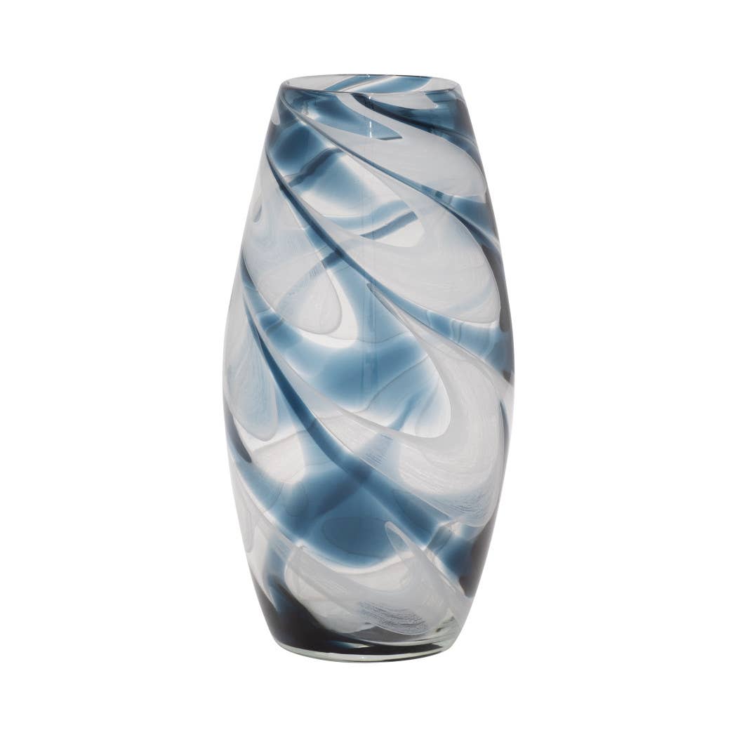 Glass Hand Blown Coastal Swirl Vase - Blue, 12 in.