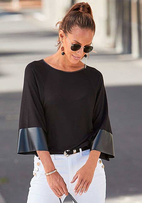 Women's Dolman Sleeve Leather Trim Top - LASCANA