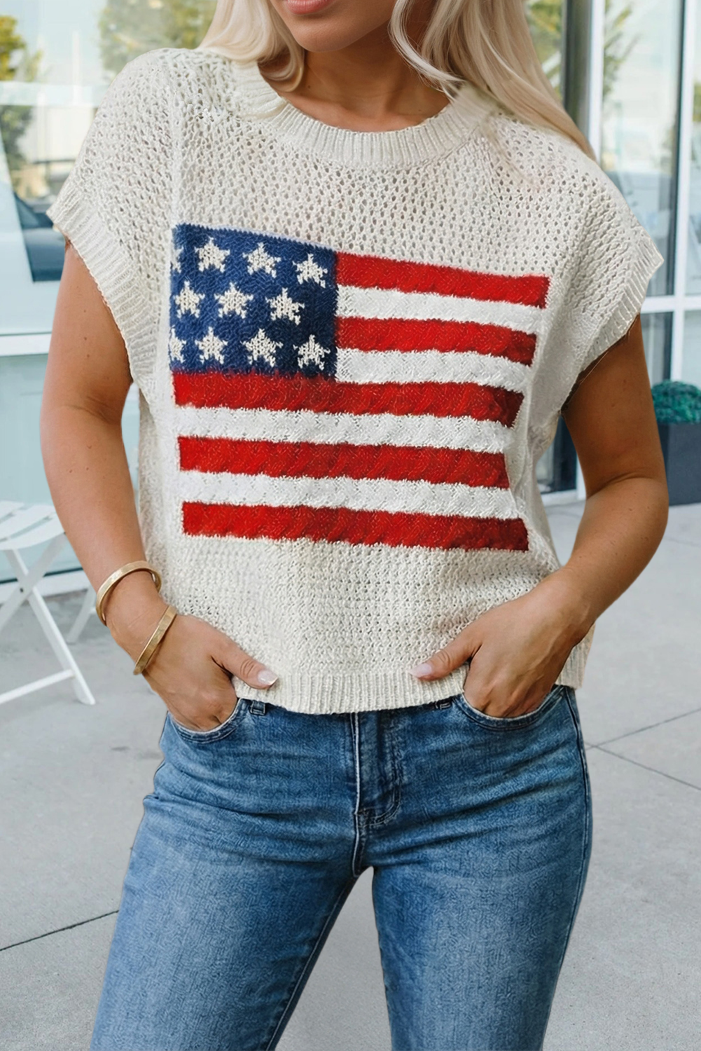 Spring Flag Graphic Short Sleeve Sweater Top (S-XL)