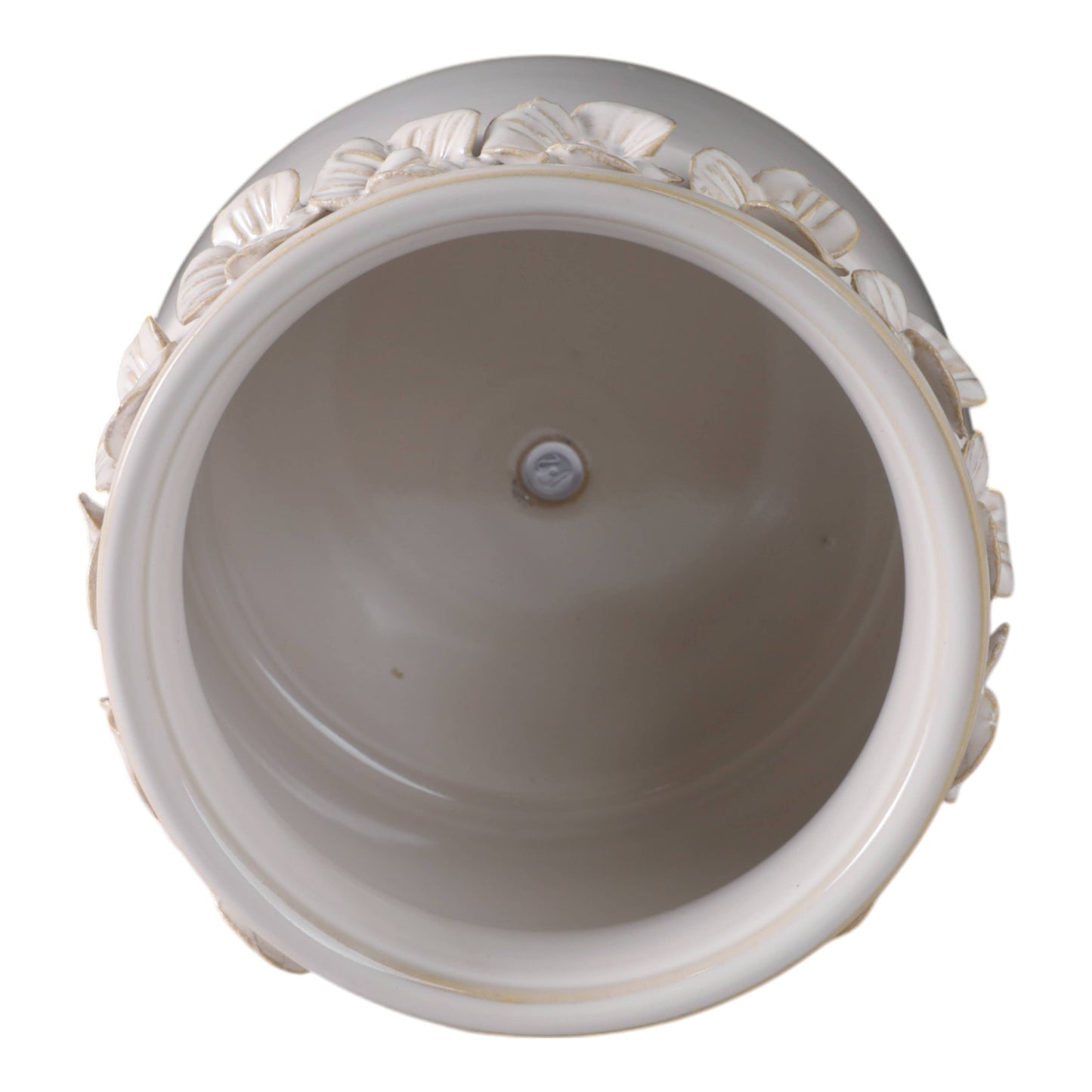 Plant Pot - Ivory Ceramic Sculpted Floral Rim Applique, 6 in