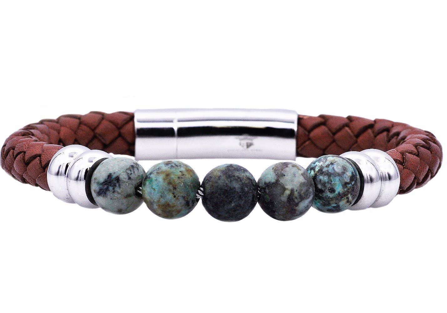 Men's Genuine African Turquoise And Brown Leather Stainless Steel Beaded Bracelet