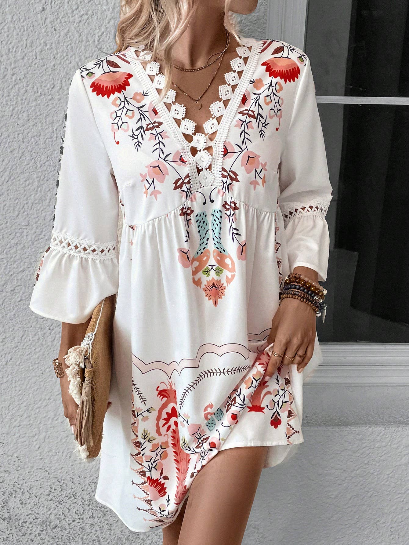 V-Neck Lace Panel Casual Vintage Print Dress