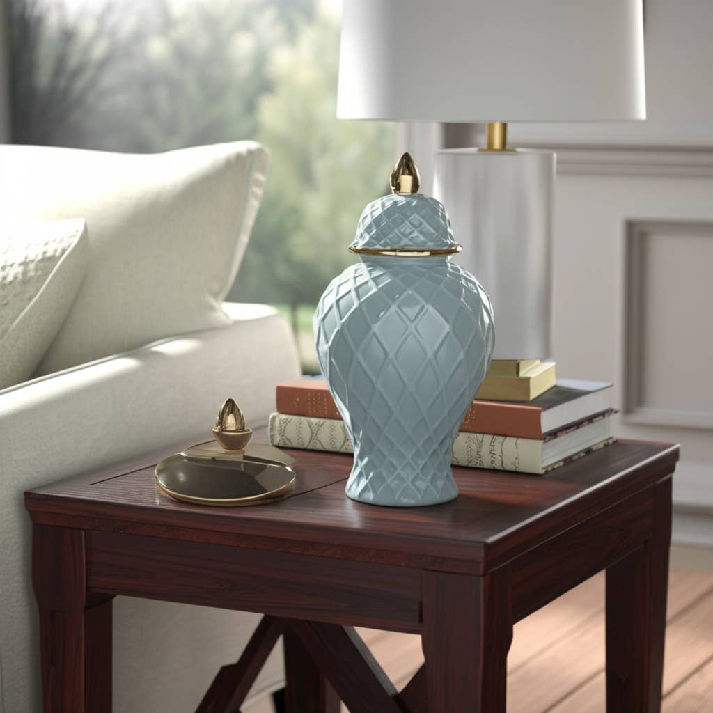 Ceramic Rope Temple Lidded Decorative Jar - Blue, 14 in.