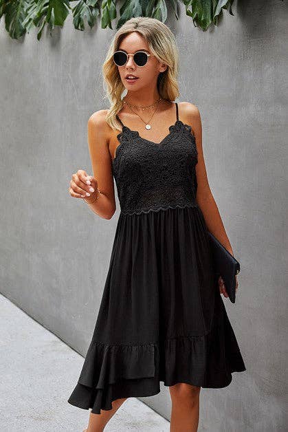 Spaghetti Strap Solid Ruffle Dress - With Lace Detailing