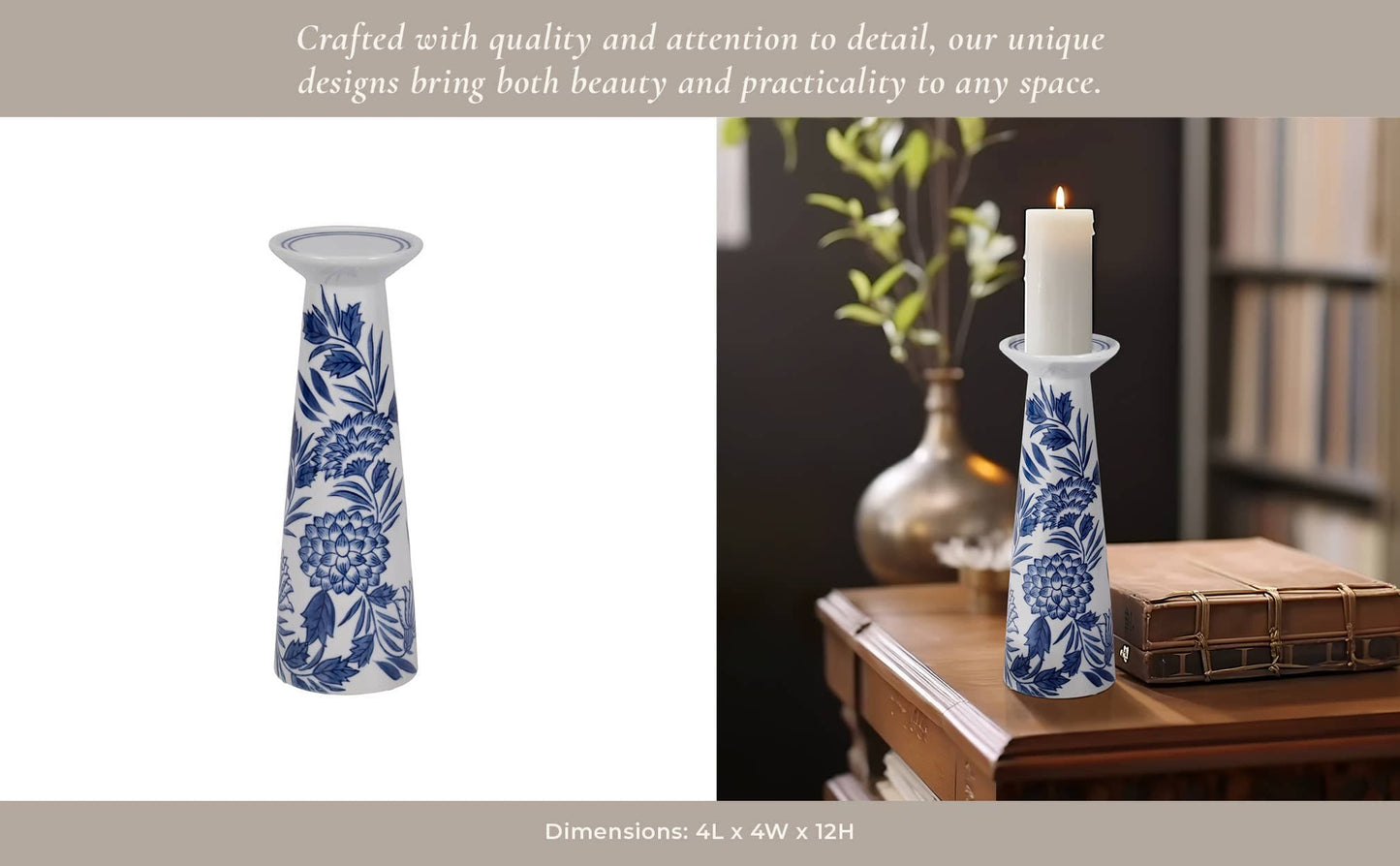 Blue/White 12 in. Porcelain Chinoiserie Candle Holder