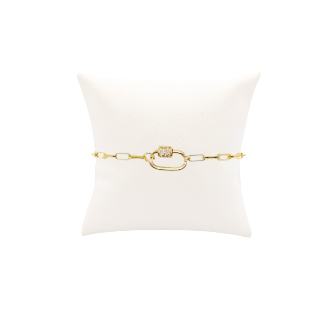 Gold Ashley (Box) Paperclip Chain Charm Bracelet with Clear Cubic Zirconia Small Gabi Carabiner