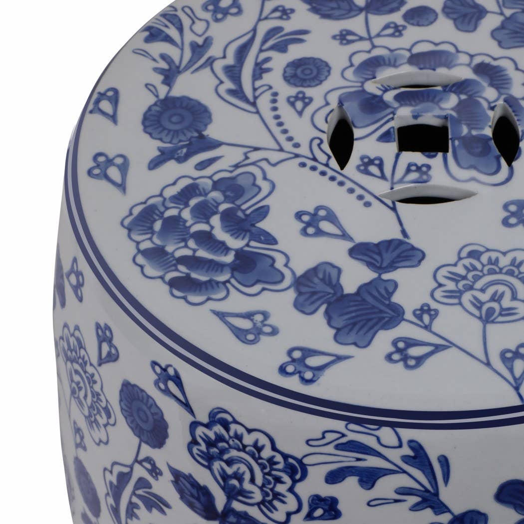Ceramic Elegant Hydrangea Chinoiserie Stool - Blue, 17 in.