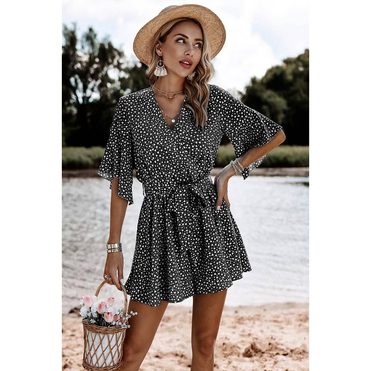 V Neck Ruffled Belted Flared Hemmed Romper