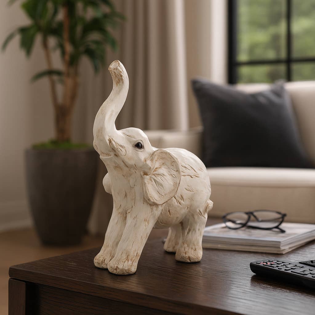 Resin Elephant Statue Decorative Sculpture - White, 8 in.
