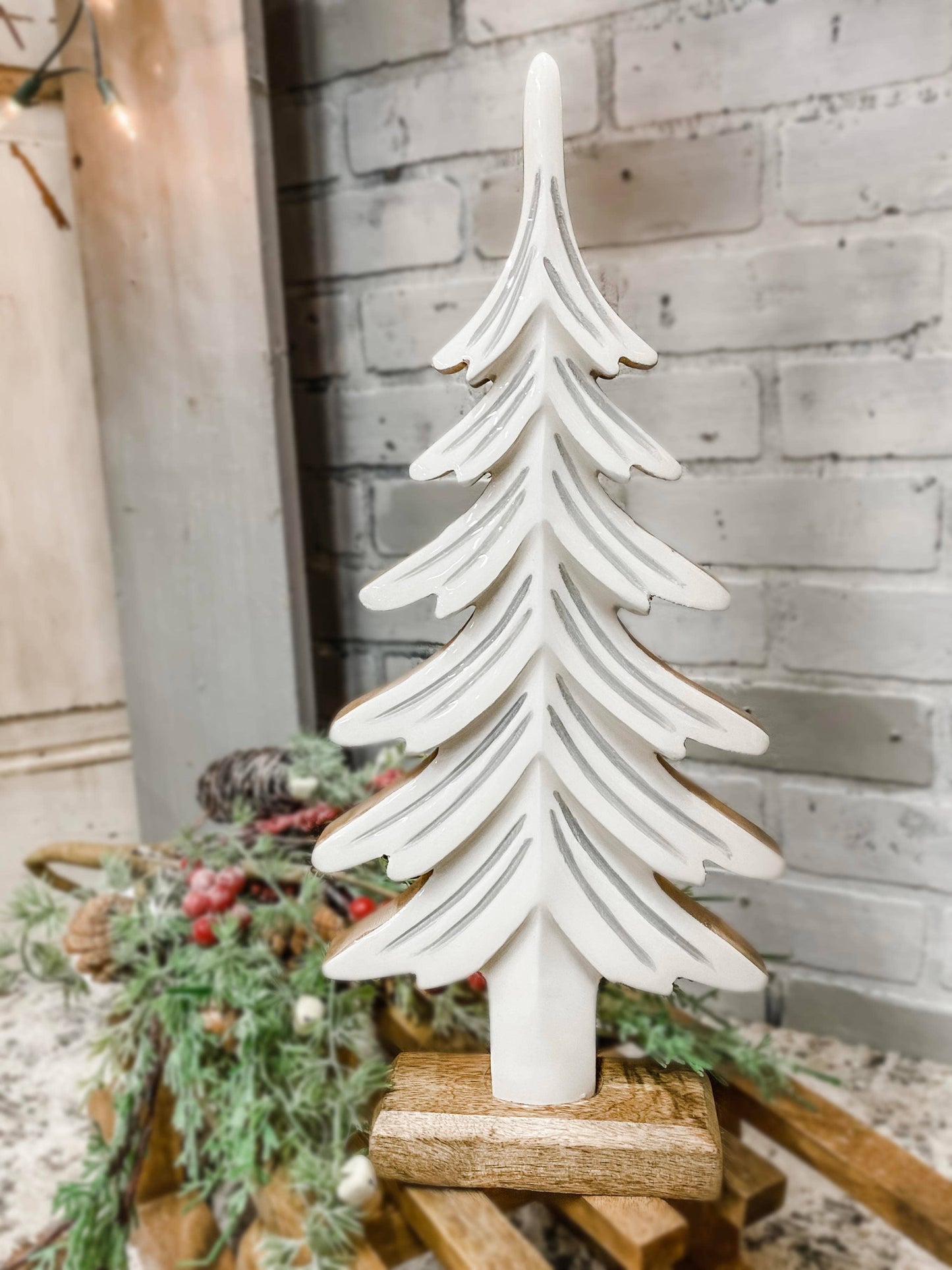 Wooden Tree w/ White & Silver Enamel 5x2x12in