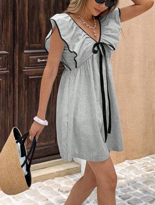 Striped Mini Dress with Ruffle Sleeves and Front Bow