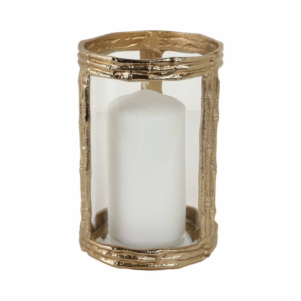 Gold 8 in. Metal Hurricane with Glass Candle Holder