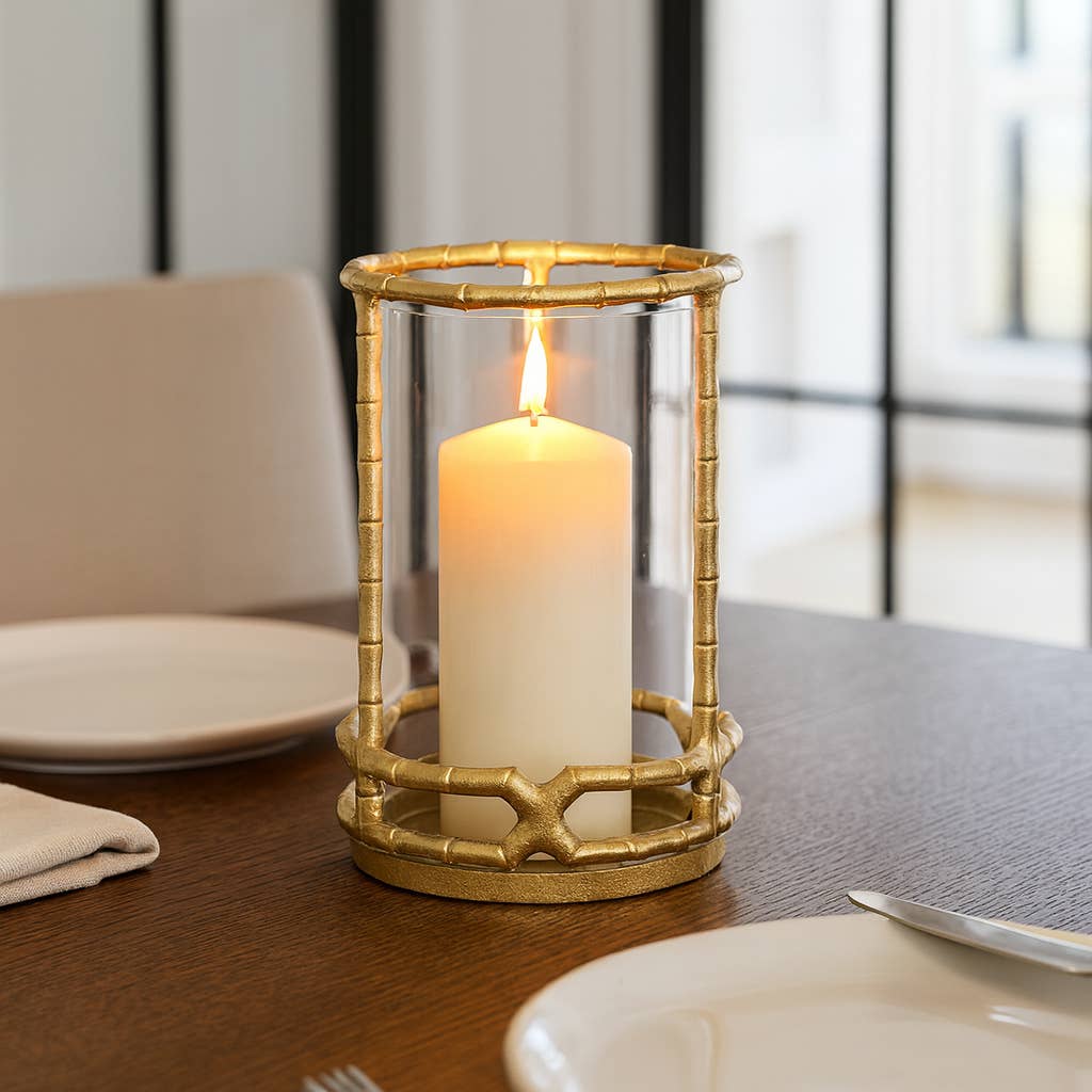 Hurricane Candle Holder - Gold Metal Cylinder Modern, 9 in.