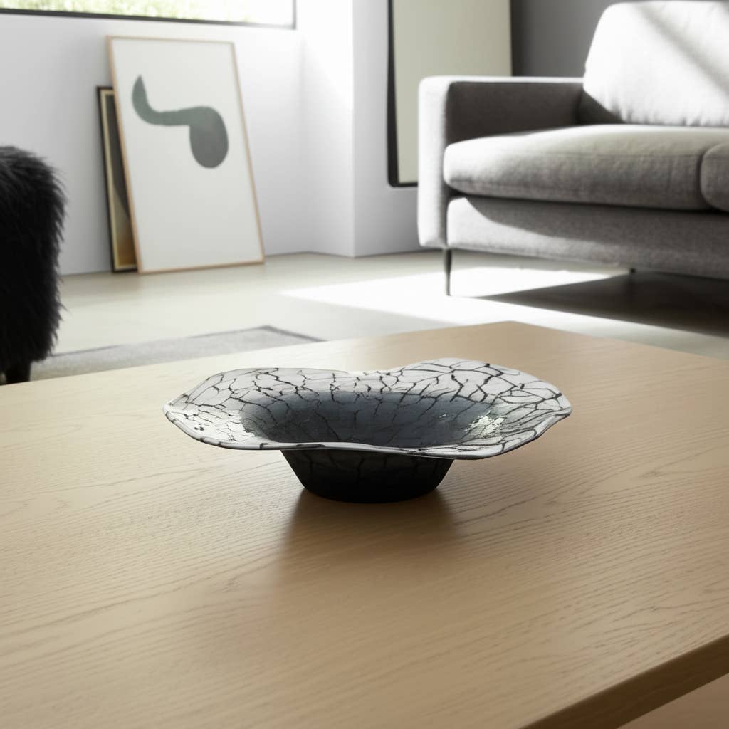 Decorative Bowl - Black Glass Cracked Veining, 12 in.