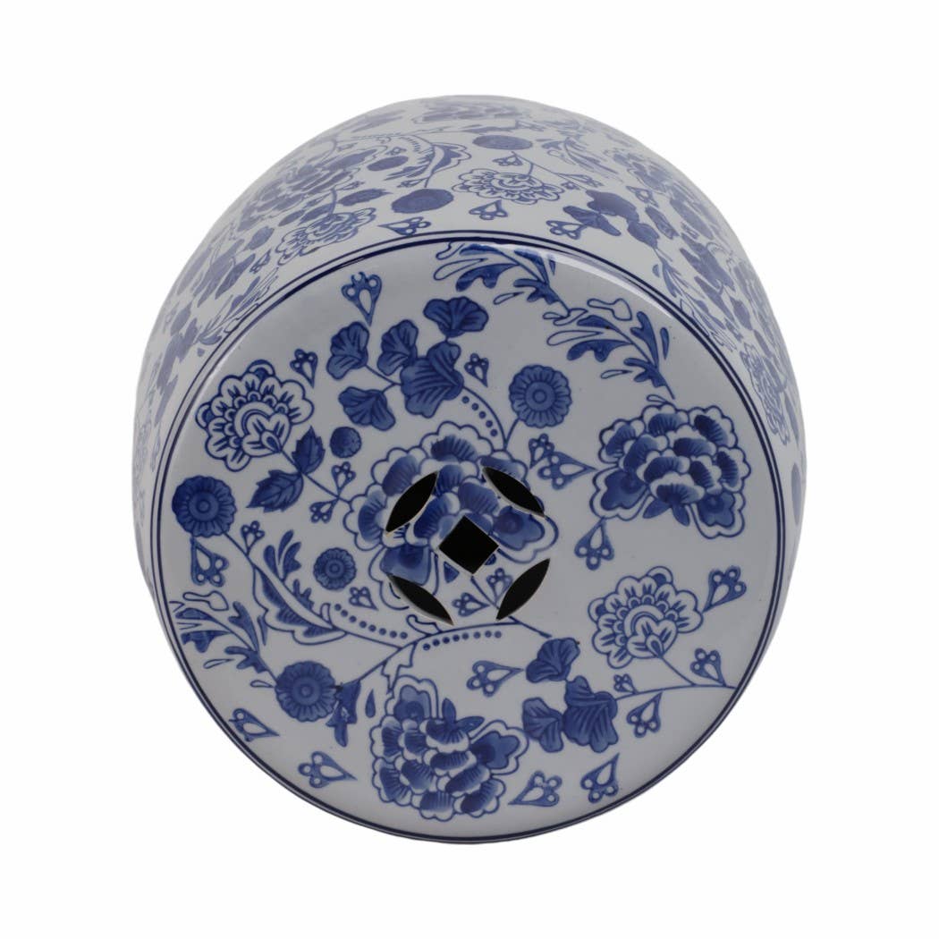Ceramic Elegant Hydrangea Chinoiserie Stool - Blue, 17 in.