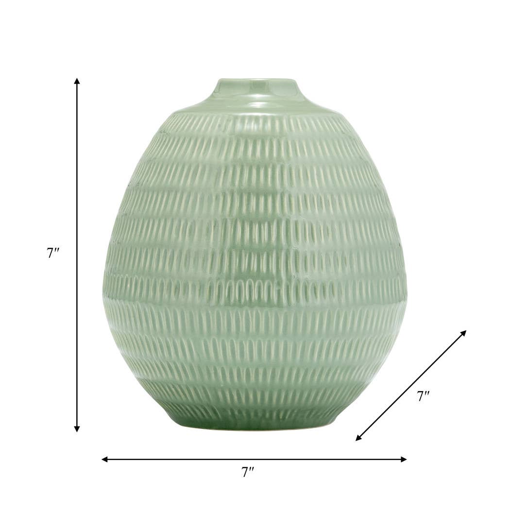Ceramic Oval Stripe Decorative Vase - Green, 7 in.