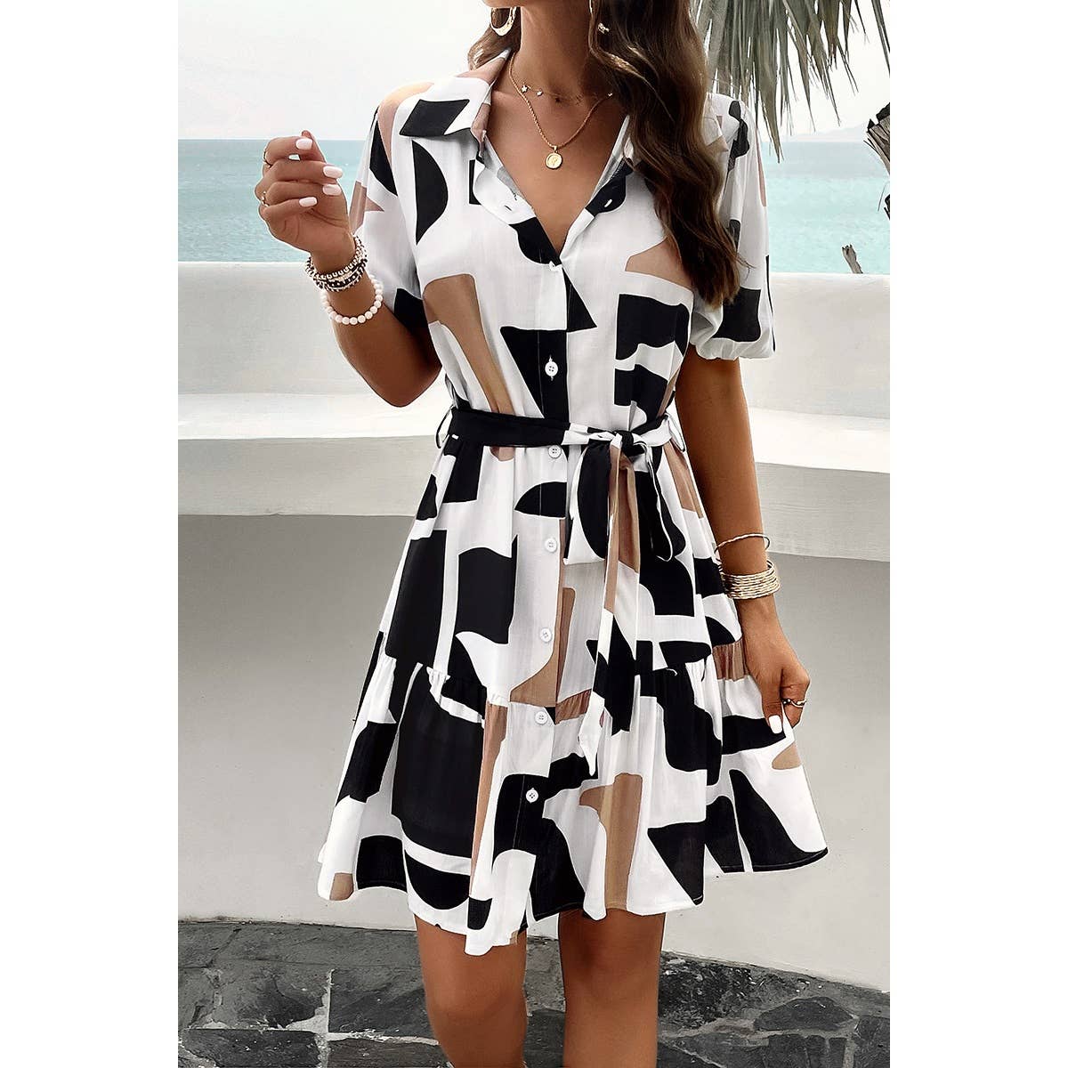 Allover Print Ruffle Front Button Open Belt Dress