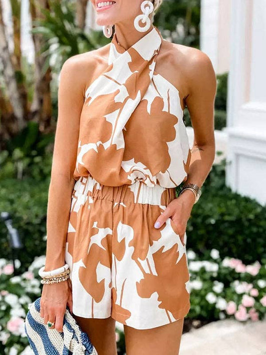 Backless Flower Print Halter Top & High Waist Shorts Set