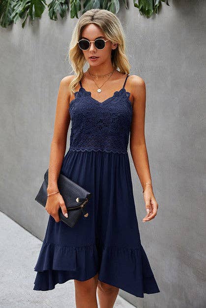 Spaghetti Strap Solid Ruffle Dress - With Lace Detailing