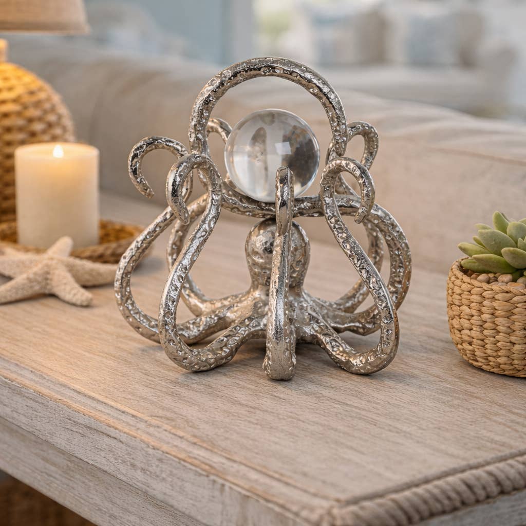 Figurine - Silver Metal Octopus with Acrylic Ball, 8 in.