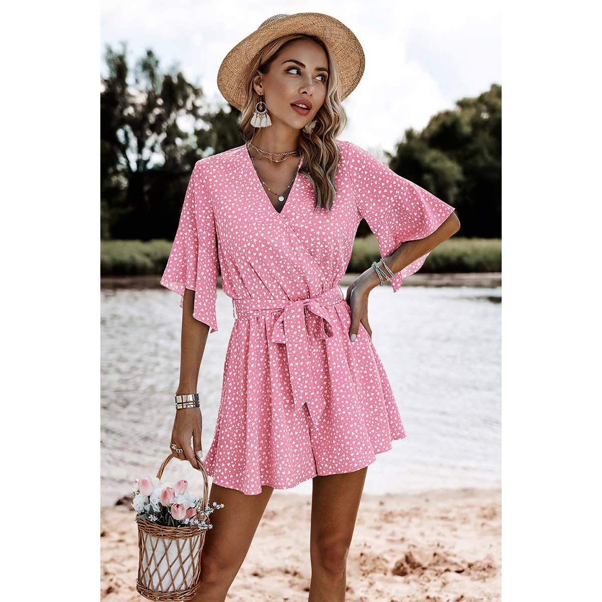 V Neck Ruffled Belted Flared Hemmed Romper